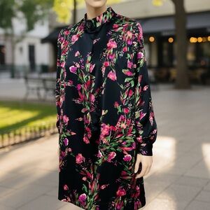 Eva Mendes Black Dress with Pink Floral Print Long Sleeve Mock Neck Size M